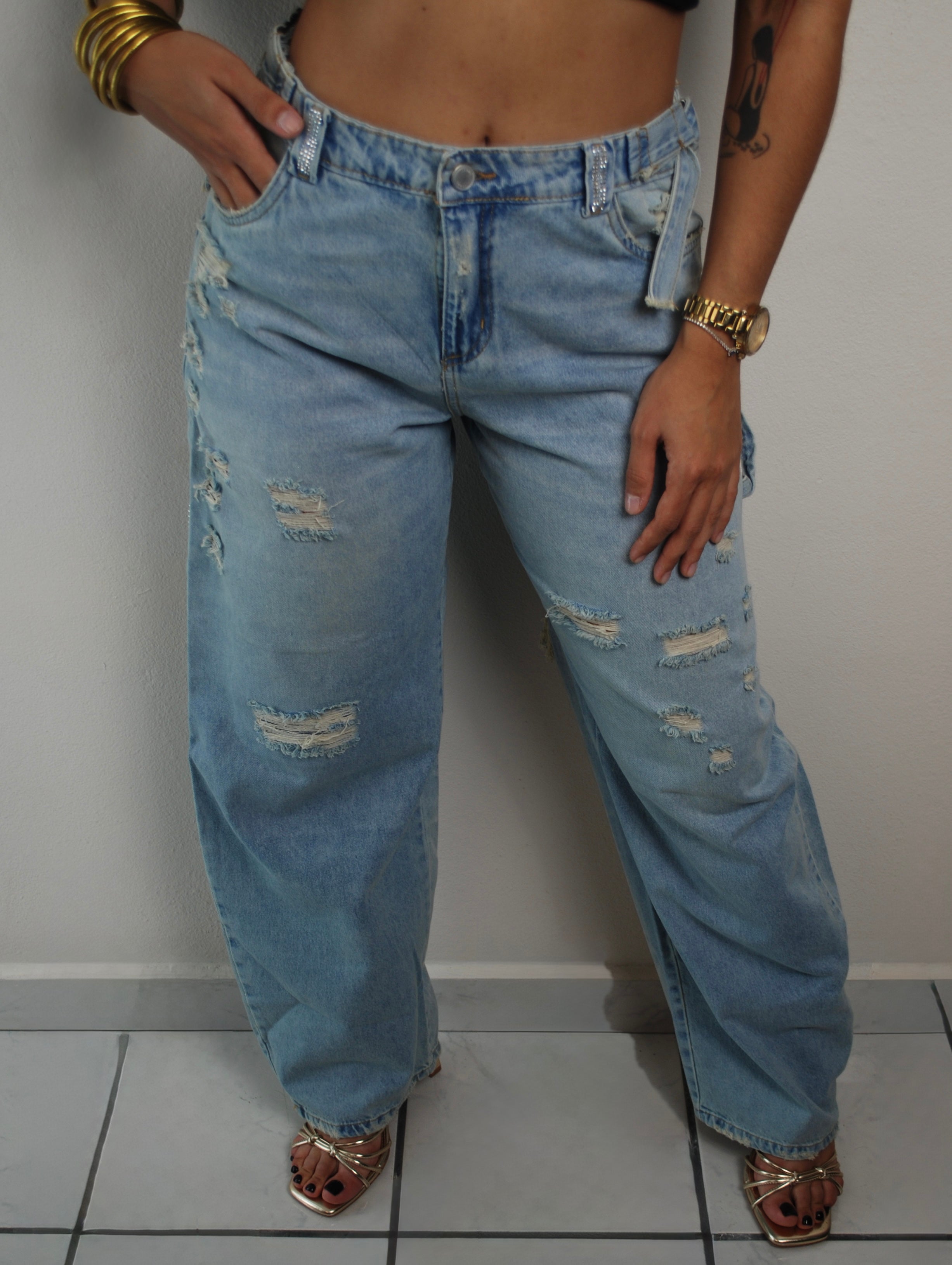 Jean denim azul con brillo